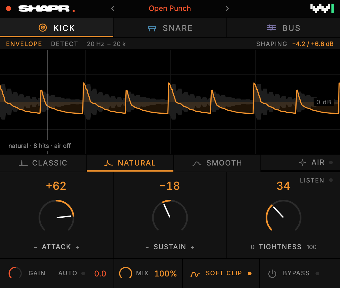 The SHAPR plugin on the Kick tab. The envelope of every hit drawn across the top, and three knobs: Attack, Sustain and Tightness.