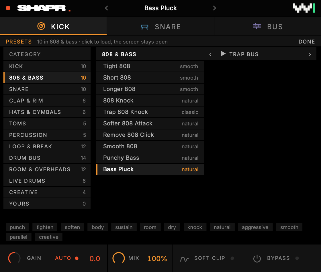 The SHAPR preset screen. Twelve categories down the left, the presets of one in two columns, tags along the bottom, and a play button for the built-in drum clips.